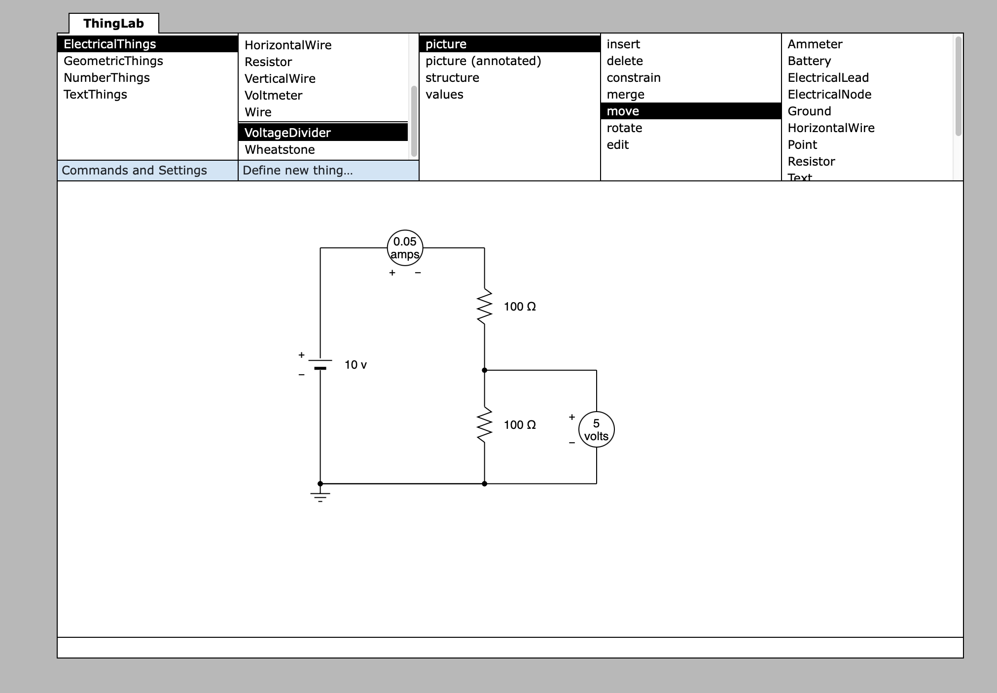 [image of a voltage divider built using ThingLab]