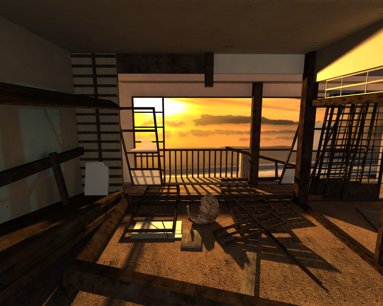 A 3D render of a decaying room with a sunset visible through the balcony. Wooden beams, broken ceramics and the remains of door panels litter the floor.