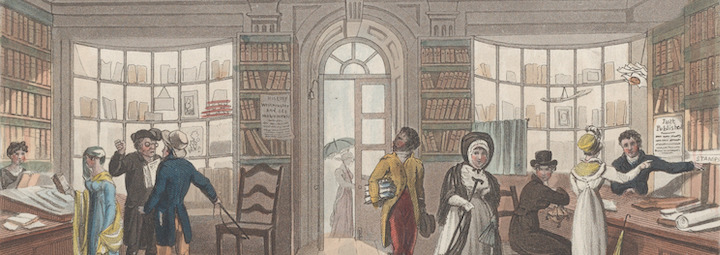 Illustration of boisterous customers in a bookshop, by Thomas Rowlandson