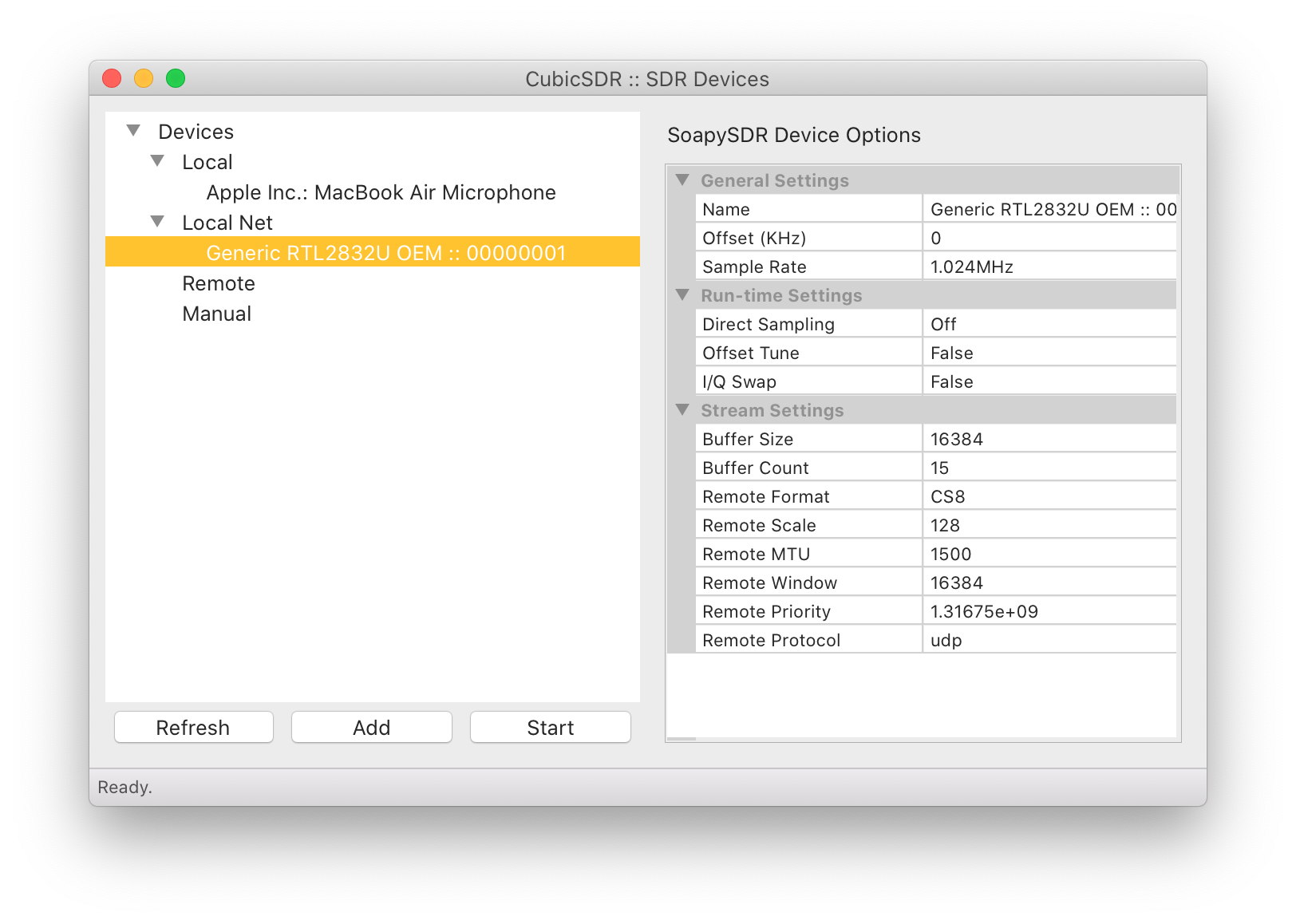 Screenshot of CubicSDR showing device selection