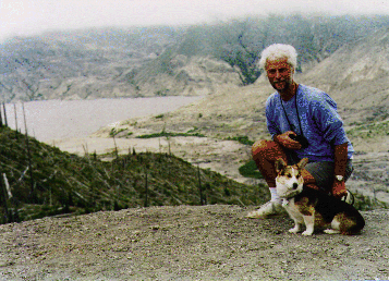 Photo of Richard E. Ladner with Welsh corgi named Ginger at Mt. St. Helens, circa 1995