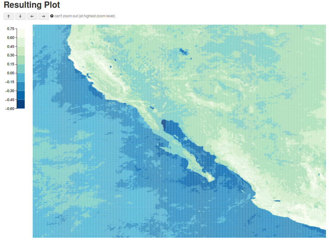 heatmap of NDVI calculations in California-Mexico region.